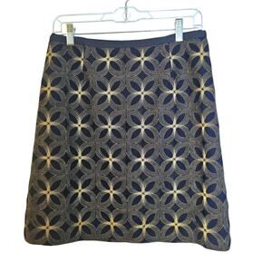 Boden Limited Edition Navy Blue & Gold Wool Cut Out Embroidered Skirt
